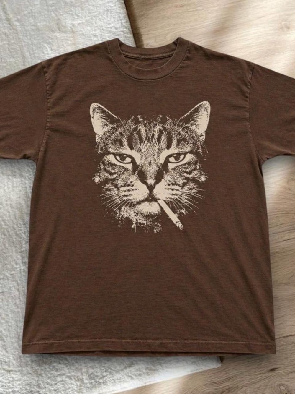 Gildan Brown Tee with Cat smoking, Funny meme shirt
